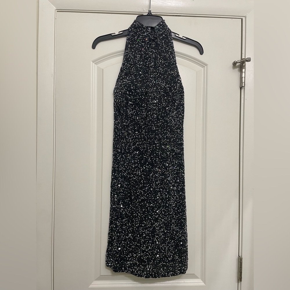 Riazee Boutique Silk Fully Beaded Black Halter Evening Dress